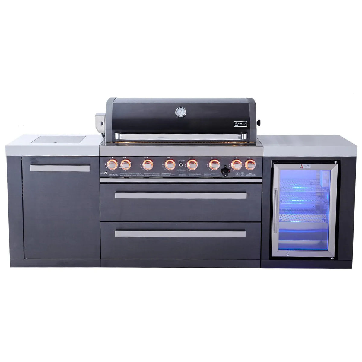 Mont Alpi 94-Inch 805 Deluxe Propane Gas Island Grill with Refrigerator, Infrared Side Burner, & Rotisserie Kit in Black Stainless Steel (MAi805-BSSFC) - Room By The Tree