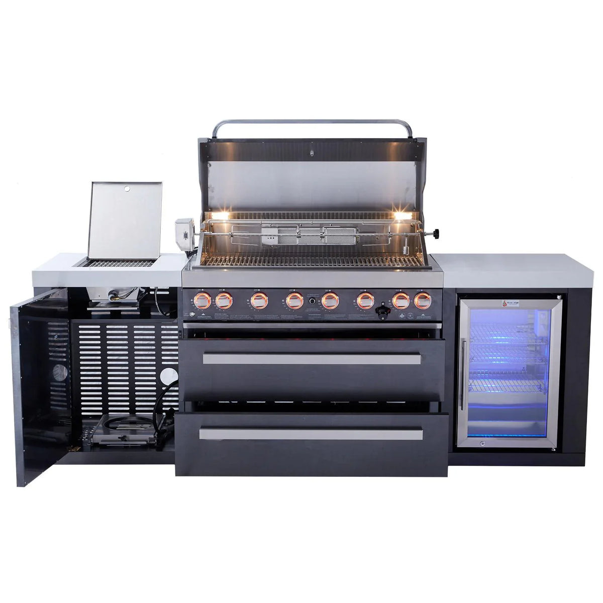 Mont Alpi 94-Inch 805 Deluxe Propane Gas Island Grill with Refrigerator, Infrared Side Burner, & Rotisserie Kit in Black Stainless Steel (MAi805-BSSFC) - Room By The Tree