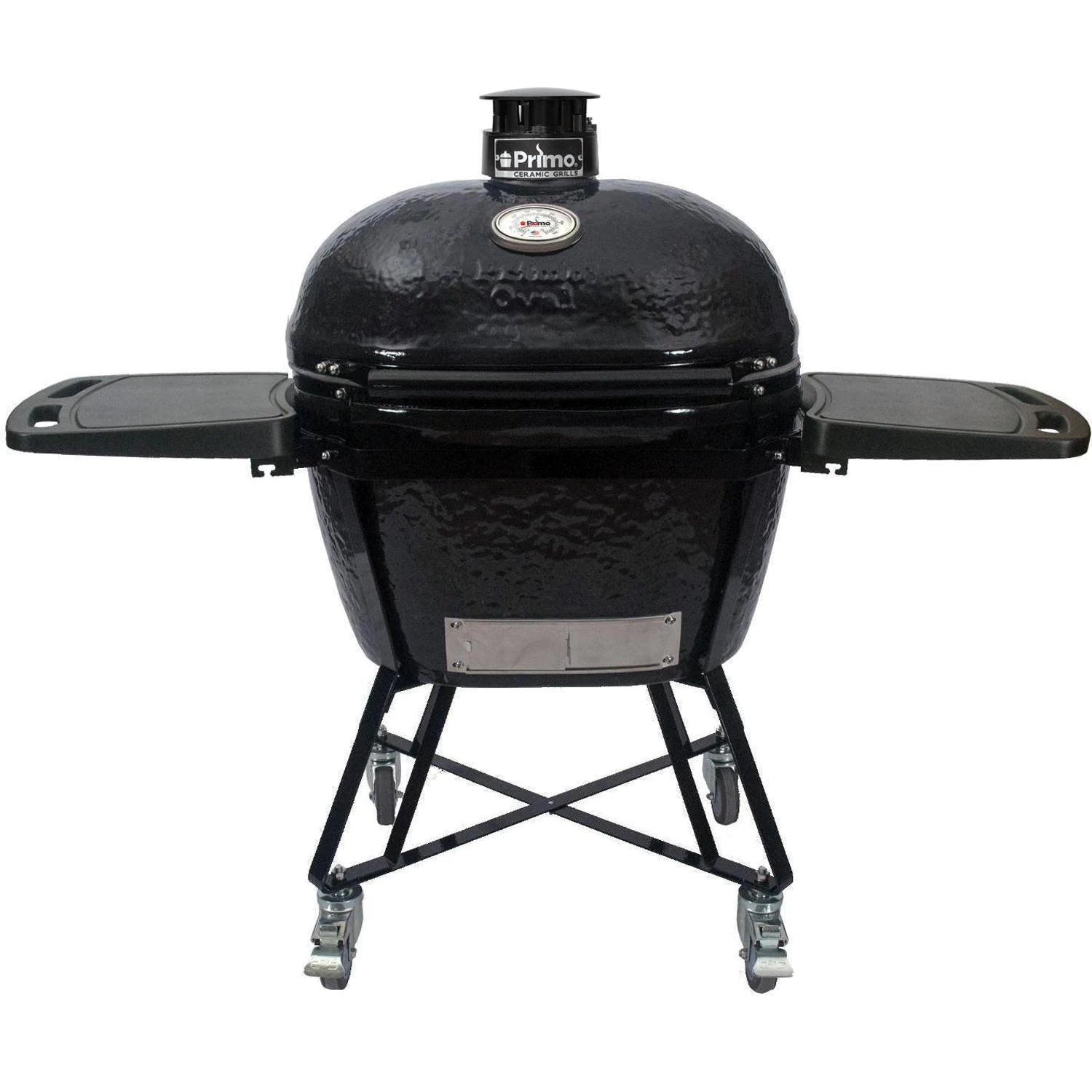 Primo All-In-One Oval XL 400 Ceramic Kamado Grill With Cradle, Side Shelves, And Stainless Steel Grates - PGCXLC (2021) - Room By The Tree