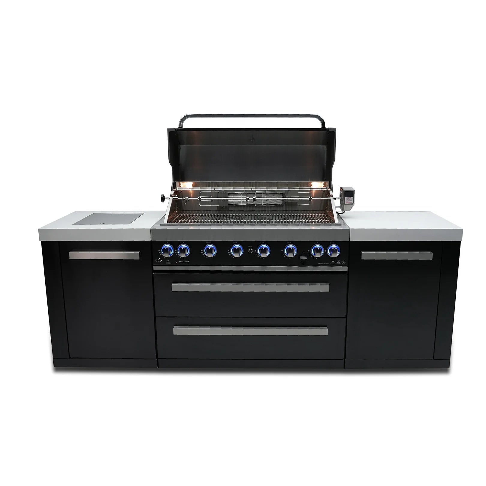 Mont Alpi 805 Deluxe Propane Gas Island Grill W/ Infrared Side Burner & Rotisserie Kit - Stainless Steel - MAi805-D - Room By The Tree 