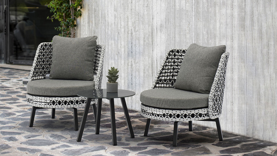 Koala Outdoor Accent Chairs & Side Table Set in Black, White & Grey Wicker by Whiteline Modern Living